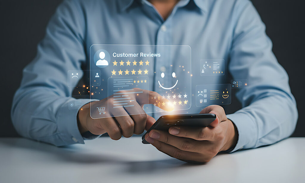 Business team monitoring online reviews and reputation management analytics on laptop dashboard