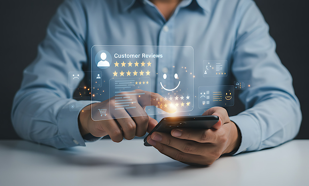 Business team monitoring online reviews and reputation management analytics on laptop dashboard